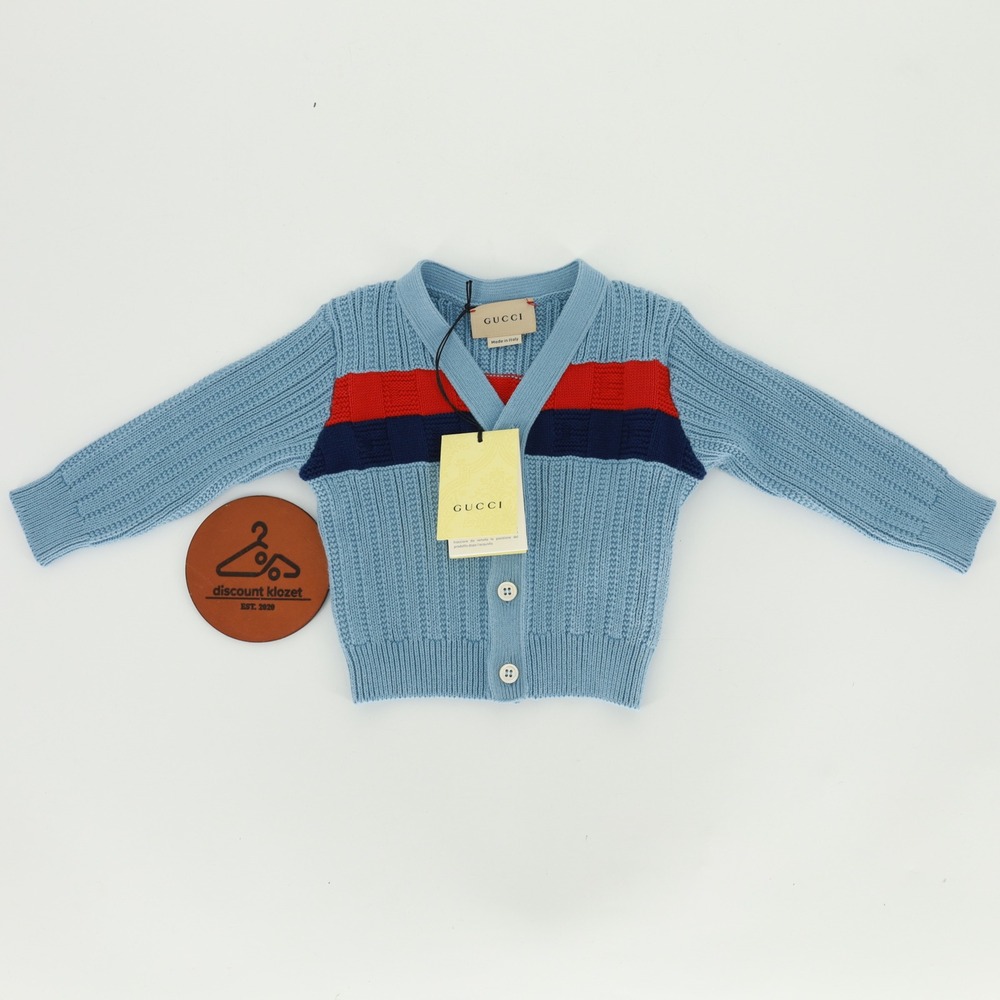 Gucci Blue Striped Ribbed Cotton Cardigan Sweater 6/9 Months Designer Preppy NWT